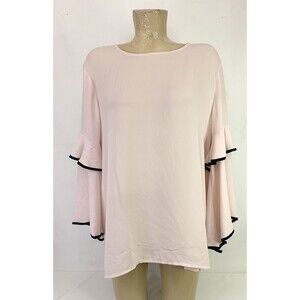 NWT Ann Taylor Outlet Shirt L Large 42” Bell Sleeve Pink Black Keyhole Blouse
